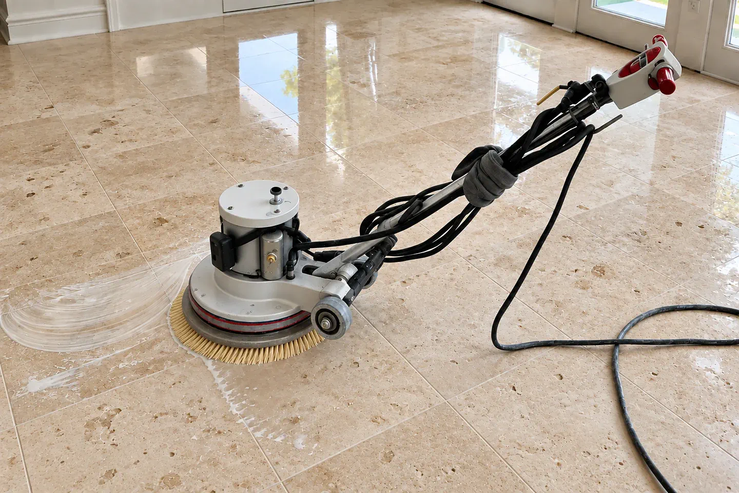 Rotary floor machine polishing a travertine floor in a Tampa home