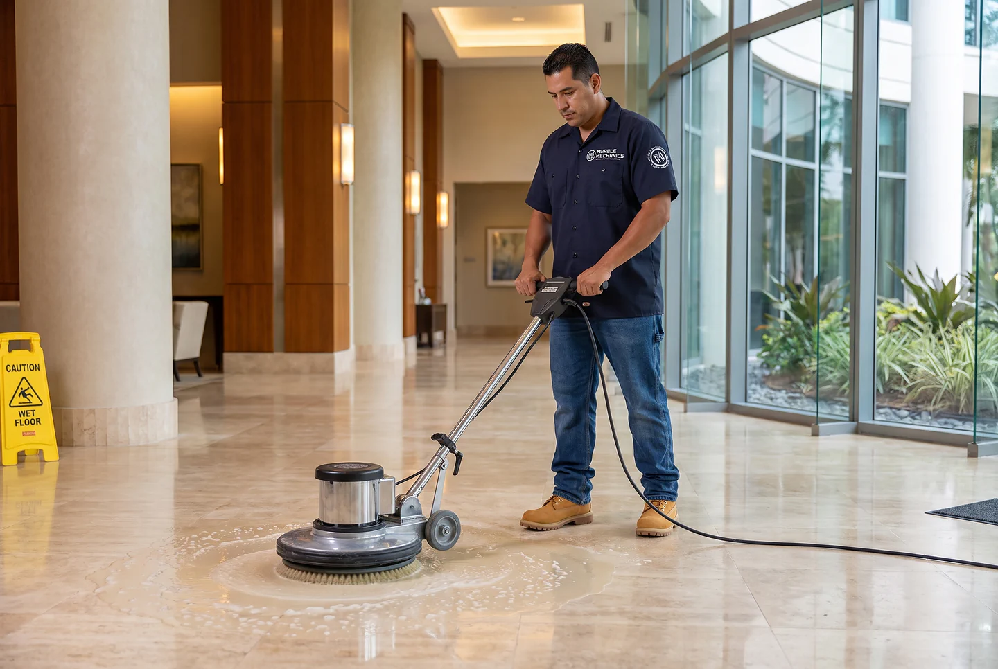 Marble Mechanics technician polishing a travertine floor in a Tampa Bay commercial lobby